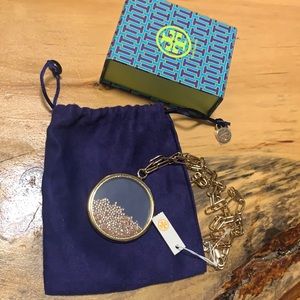 Designer Tory Burch circle glitter pendant necklace RARE NWTS!